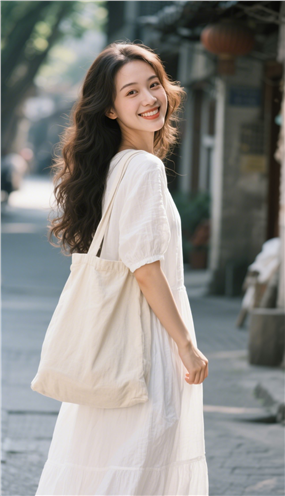 街头街拍白色棉麻长裙美女图片